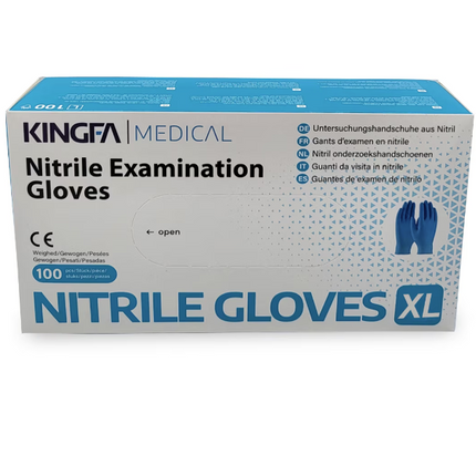 Mănuși examinare, Kingfa Medical, nitril, albastre, nepudrate, mărimea XL (100 buc/cutie), MED409