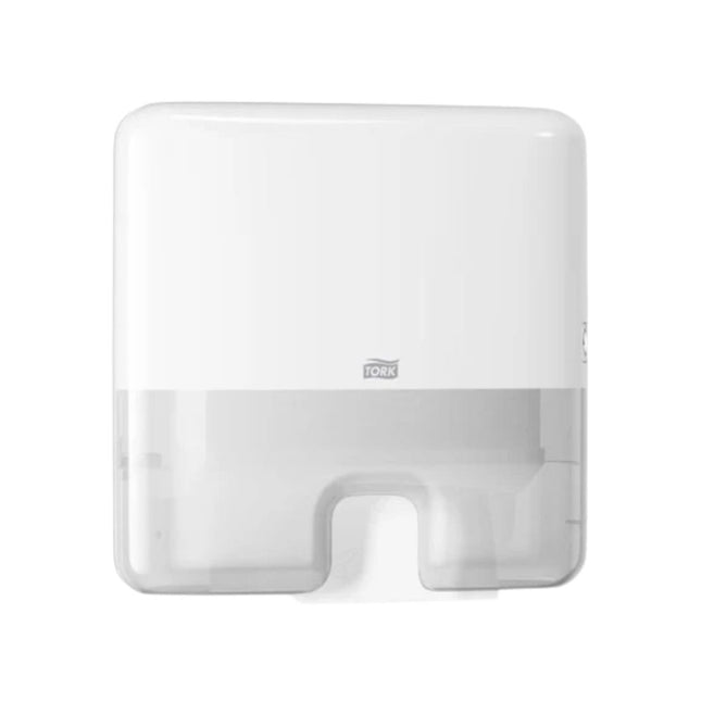 Dispenser Tork Xpress Multifold (cod 552100) pentru prosoape de hârtie pliate în V/C, asigură o distribuire igienică și eficientă.
