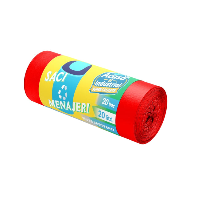 Saci menajeri 60L, rosii, 15buc/rola, 19 microni, RLDPE