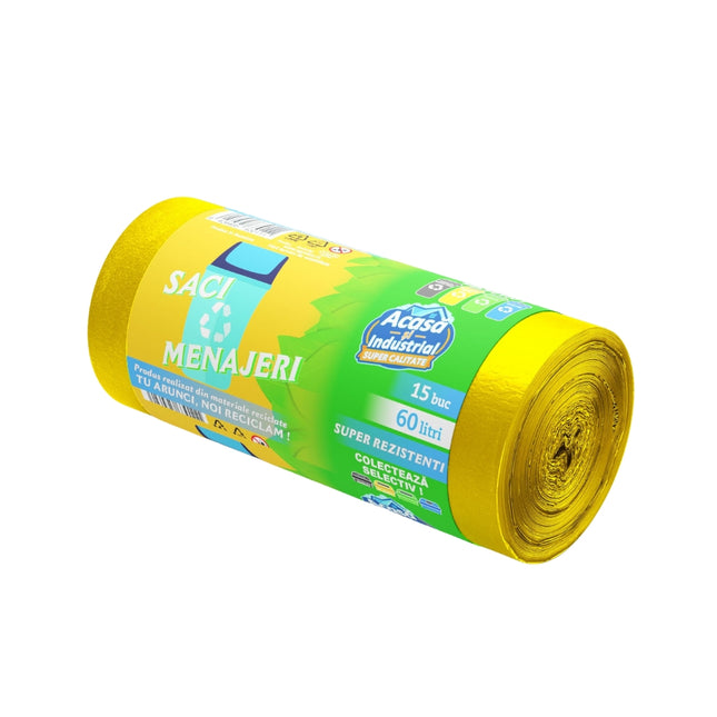 Saci menajeri 60L, galbeni, 15buc/rola, 19 microni, RLDPE