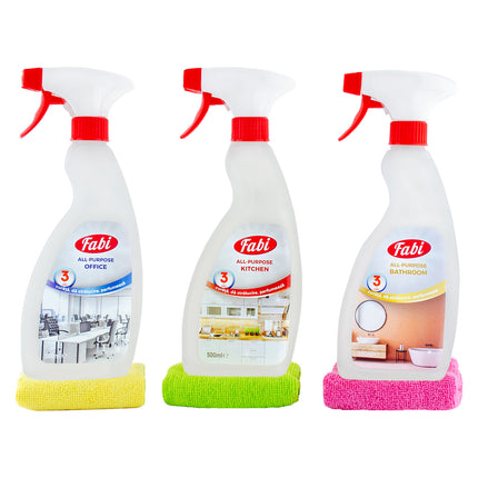 Set produse multifuncționale pentru curățenie, Fabi, All Purpose Bathroom 500ml + All Purpose Kitchen 500 ml + All Purpose Office 500 ml + 3 lavete microfibră