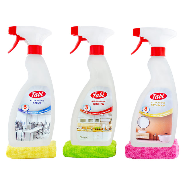 Set produse multifuncționale pentru curățenie, Fabi, All Purpose Bathroom 500ml + All Purpose Kitchen 500 ml + All Purpose Office 500 ml + 3 lavete microfibră