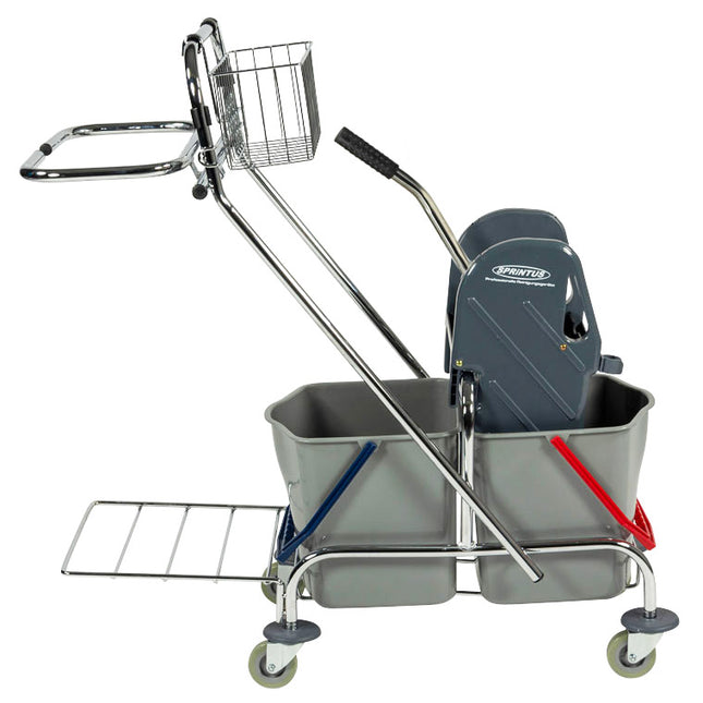 Cărucior profesional de curățenie Sprintus cu cadru metalic cromat și două găleți de 17 litri