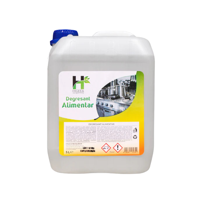 Degresant profesional Higeea de 5 litri pentru industria alimentară, elimină grăsimile și uleiurile de pe suprafețe, conform standardelor de igienă HACCP.