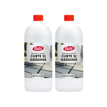 Set 2 x 1 litru detergent special pentru curte și grădină, eficient pentru curățarea pavajului, teraselor și mobilierului de exterior.