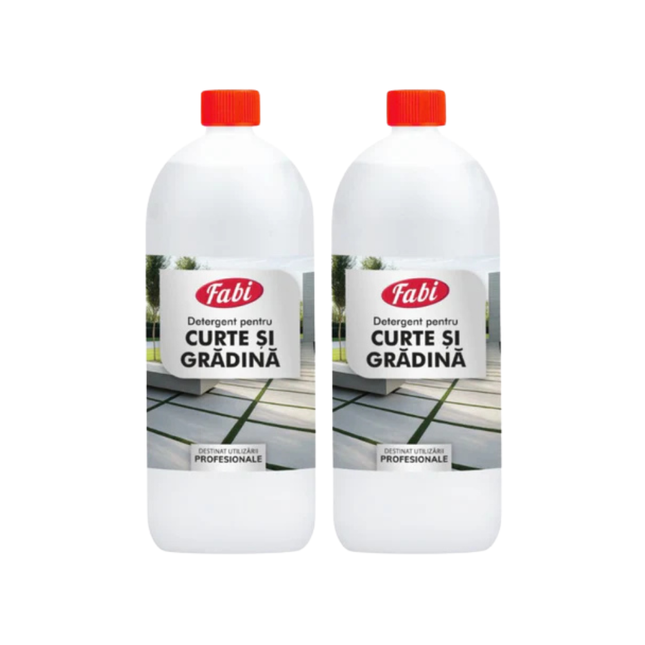 Set 2 x 1 litru detergent special pentru curte și grădină, eficient pentru curățarea pavajului, teraselor și mobilierului de exterior.