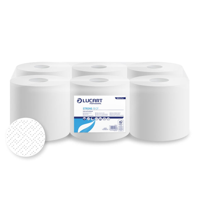 Prosoape midi derulare centrală, Lucart, Strong CF 19, 2 str., celuloză albă, 100 m/rolă, 435 porții (6 role/bax) - 861078