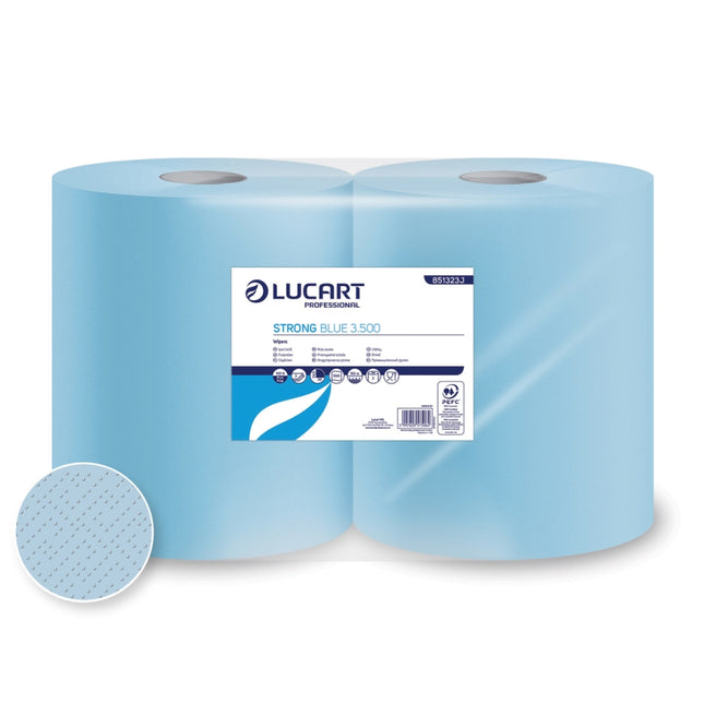Set 2 role industriale Lucart Strong Blue 3.500, celuloză albastră, 3 straturi, 150 m/rolă