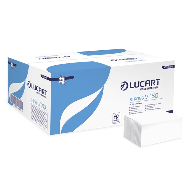 Prosoape pliate V, Lucart, Strong V 150, 2 str., celuloză albă, 150 buc/pachet (20 pac/bax) - 863060