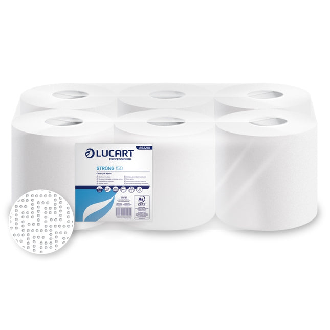 Prosoape midi derulare centrală, Lucart, Strong 150, 2 str., celuloză albă, 150 m/rolă, 600 porții (6 role/bax) — 852210