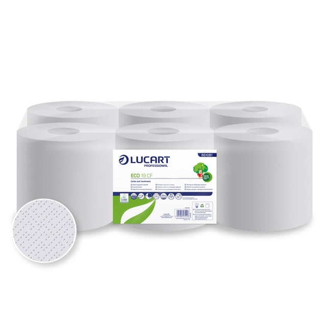 Prosoape midi derulare centrală, Lucart, Eco CF 19, 2 str., hârtie reciclată albă, 100 m/rolă, 435 porții (6 role/bax) - 861081