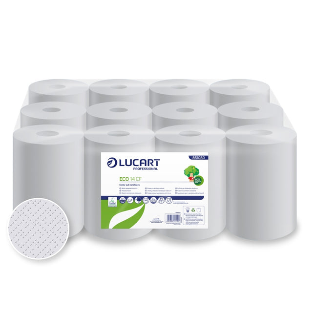 Prosoape mini derulare centrală Lucart Eco CF 14, hârtie reciclată albă, 55 m/rolă