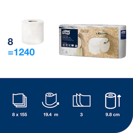 Hârtie igienică Tork, albă, 3 straturi, 19.1m/rolă, 155 porții (8 role/pachet), t4 - 110319
