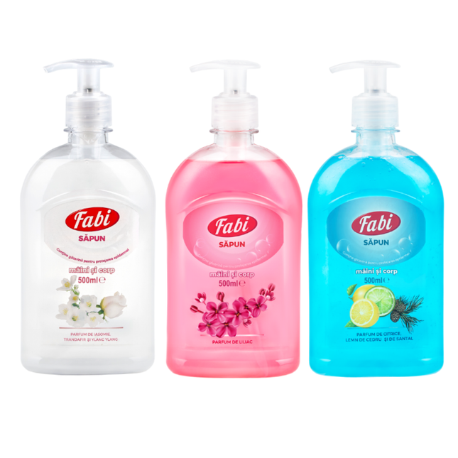 Pachet 3 x Săpun lichid, Fabi, 3 x 500ml, alb roz și albastru