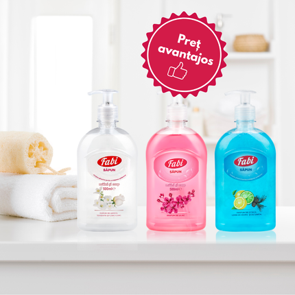 Pachet 3 x Săpun lichid, Fabi, 3 x 500ml, alb roz și albastru