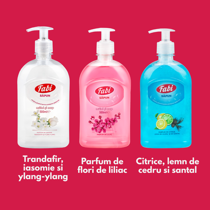Pachet 3 x Săpun lichid, Fabi, 3 x 500ml, alb roz și albastru
