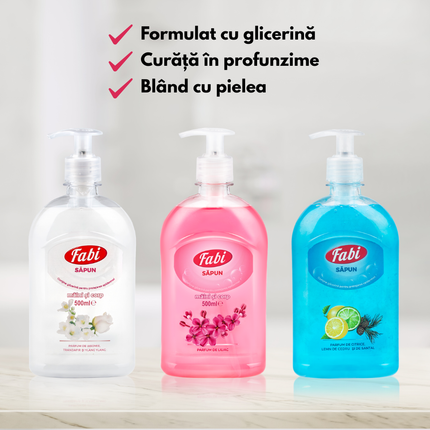 Pachet 3 x Săpun lichid, Fabi, 3 x 500ml, alb roz și albastru