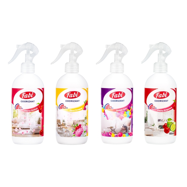 Pachet 4 odorizanti pentru camera, Fabi, 4 x 500ml, Floral Bouquet, Cherry Cocktail, Cherry Bergamote, Flavored Gum