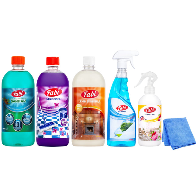 Set produse curățenie, Fabi, Dezinfectant sanitar 1L + Detergent pardoseli mov 1L + Detergent lemn 1L + Soluție geam 750ml + Odorizant Floral Bouquet 500ml + Lavetă Microfibră