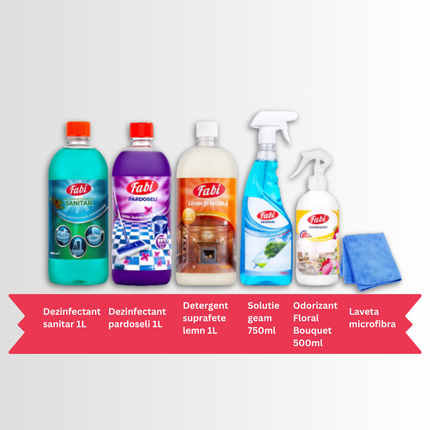 Set produse curățenie, Fabi, Dezinfectant sanitar 1L + Detergent pardoseli mov 1L + Detergent lemn 1L + Soluție geam 750ml + Odorizant Floral Bouquet 500ml + Lavetă Microfibră