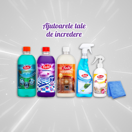 Set produse curățenie, Fabi, Dezinfectant sanitar 1L + Detergent pardoseli mov 1L + Detergent lemn 1L + Soluție geam 750ml + Odorizant Floral Bouquet 500ml + Lavetă Microfibră